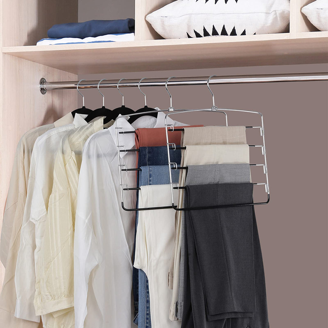 Pants Hangers 2 Pieces, Swing Arm Trousers Hanger, Space Saving Pants Rack, 5 Layers Jeans Hangers with Non-Slip, Multiple Pants Hanger Closet Organizer for Trousers Scarves Ties
