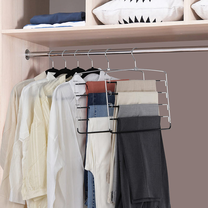 Pants Hangers 2 Pieces, Swing Arm Trousers Hanger, Space Saving Pants Rack, 5 Layers Jeans Hangers with Non-Slip, Multiple Pants Hanger Closet Organizer for Trousers Scarves Ties