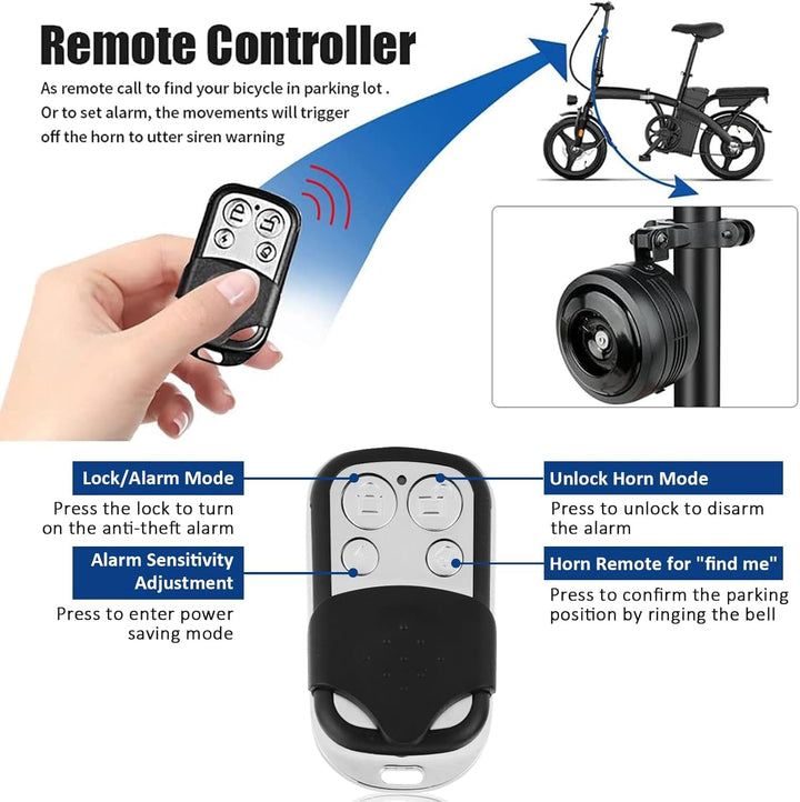 Bike Bell Alarm Horn with Remote, USB Rechargeable, Waterproof, Anti-Theft Vibration Alarm for Bikes/Scooters (1 Pack)