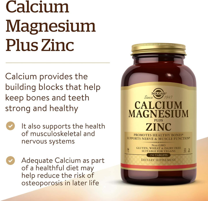 Solgar Calcium Magnesium Plus Zinc, 250 Tablets - Promotes Healthy Bones and Teeth - Supports Nerve &amp; Muscle Function - Non GMO, Vegan, Gluten Free, Dairy Free, Kosher, Halal - 83 Servings
