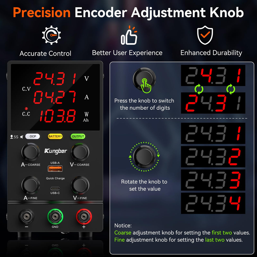 DC Power Supply Variable, 30V 10A Adjustable Switching Regulated DC Bench Power Supply with Intelligent Charging Mode, 18W USB Interface, Precision Encoder Knob (Black)