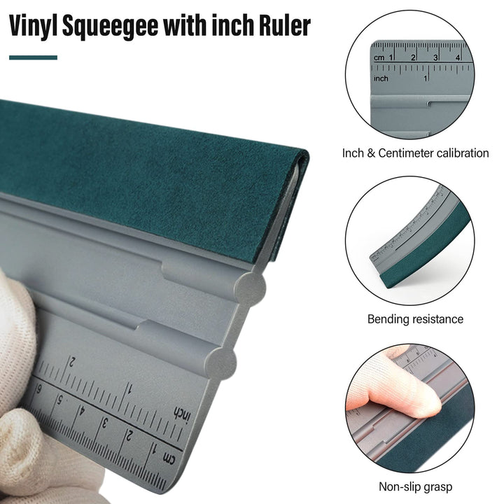 12 Inch Felt Squeegee for Vinyl wtih Ruler 30CM 4 Round Corners Universal Card, Window Tint Film Installing Hard Silver PP Car Vinyl Wrap Scraper Tool