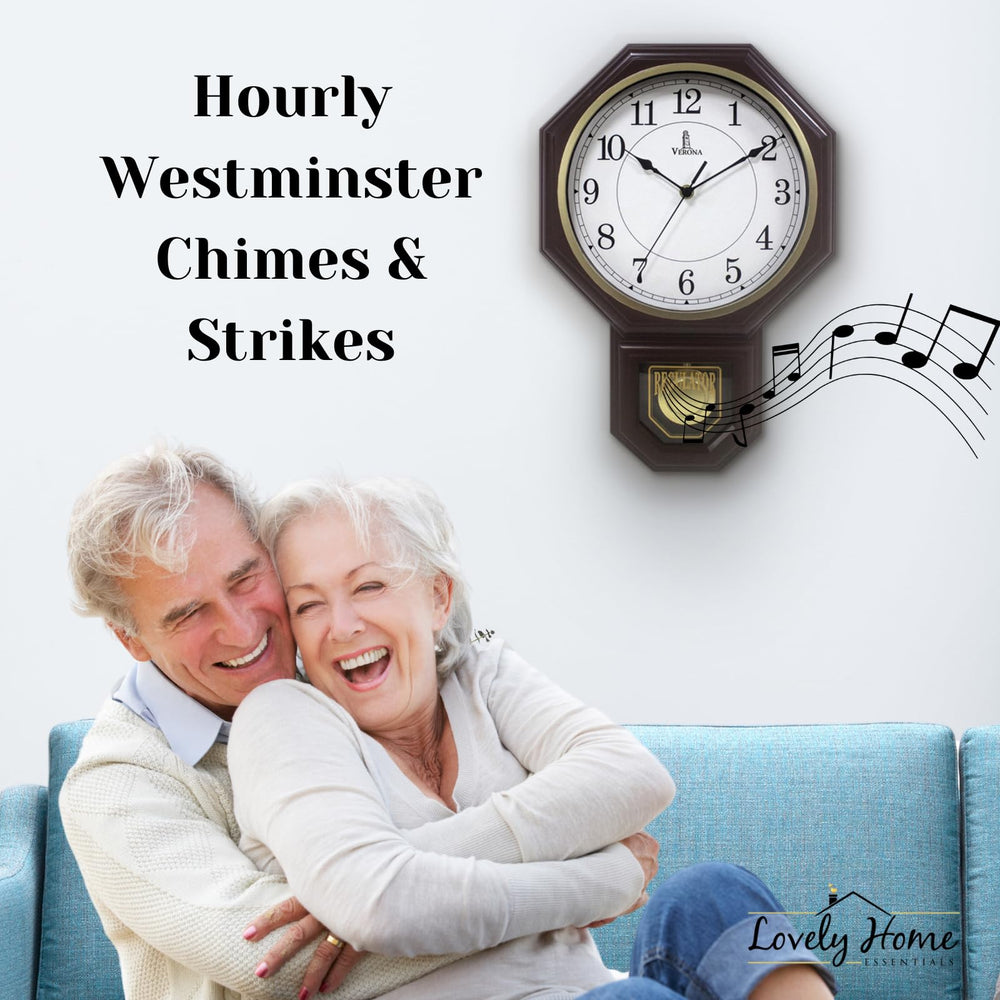 Chiming Wall Clock with Pendulum - Pendulum Wall Clock with Chimes - Schoolhouse Regulator Clock - Westminster Chime Clock Battery Operated Pendulum Clock for Living Room, Office & Home Decor 17x11