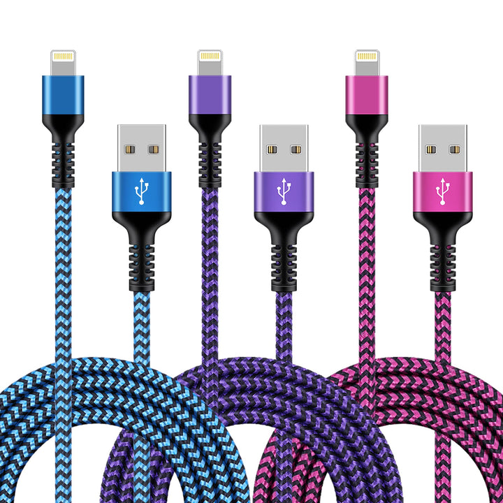 3Pack Lightning Charger Cable for iPhone 14/13 Pro Max/13Pro/13 Mini/12/11/10/X/XR/XS/8 Plus, 6Ft Apple Original Braided Long Charging Cords Fast Charging Lightening Multicolor Powerline Chord Wire