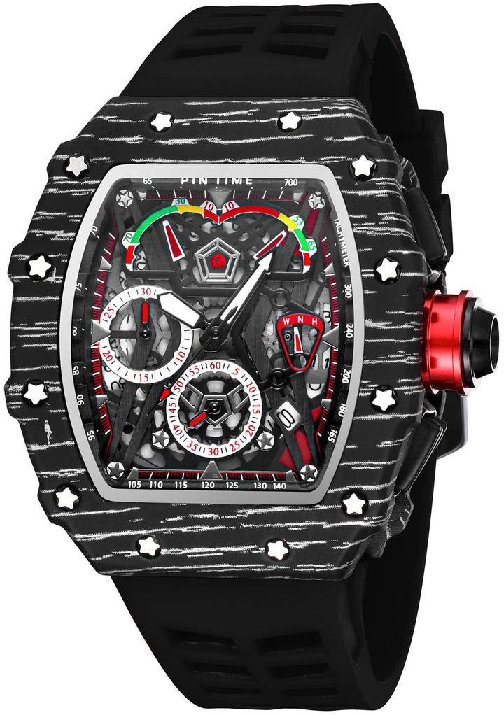 Mens Luxury Tonneau Square Watches Analog Punk Chronograph Unique Sports Wrist Watch Japanese Movement Luminous Design with Rubber Band (X Black Black)