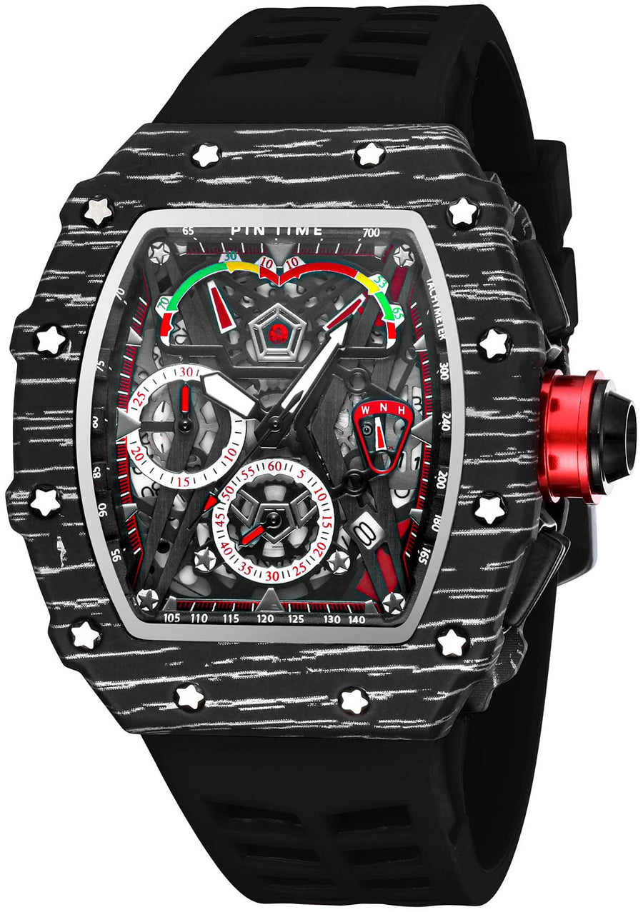 Mens Luxury Tonneau Square Watches Analog Punk Chronograph Unique Sports Wrist Watch Japanese Movement Luminous Design with Rubber Band (X Black Black)