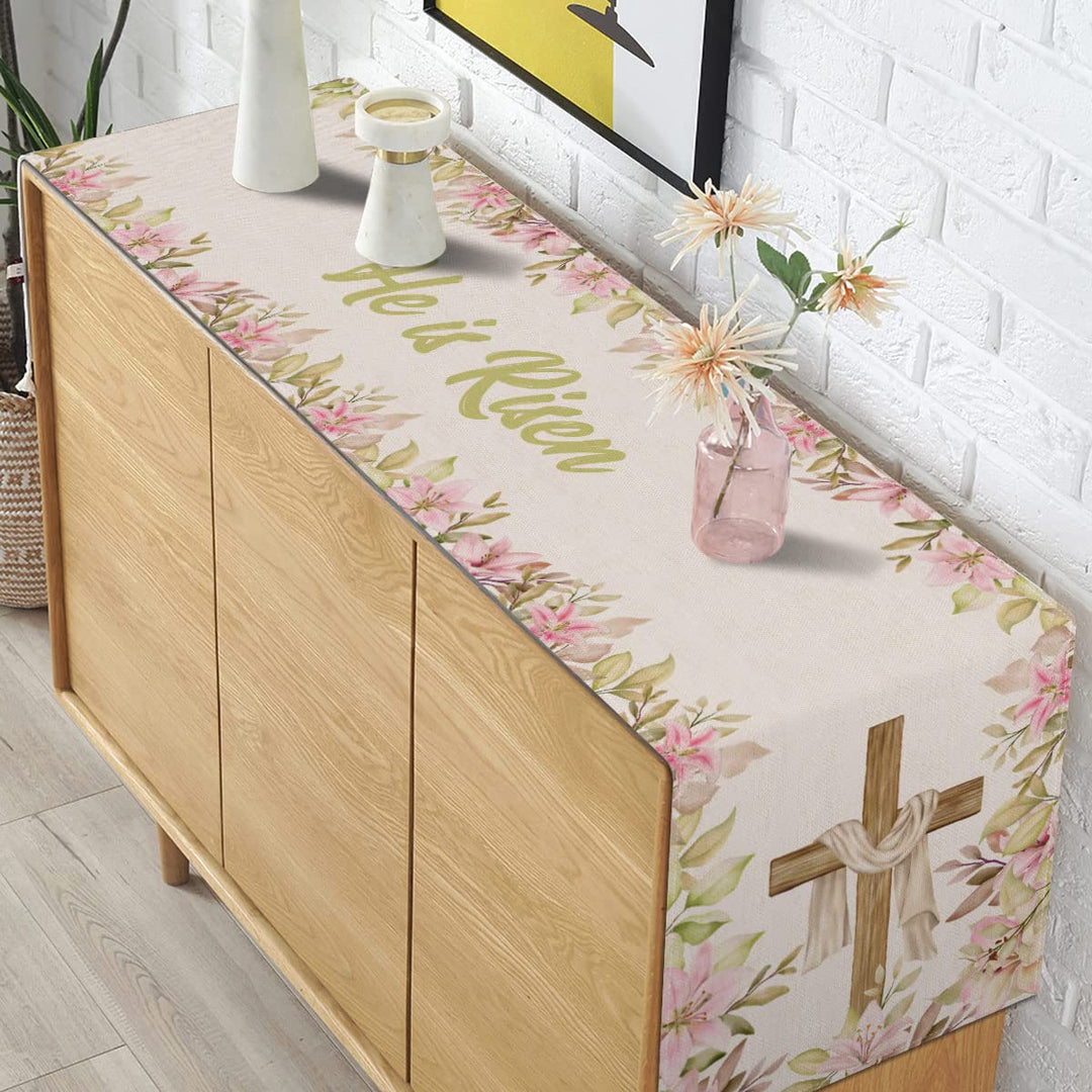 He is Risen Table Runner Easter Christian Cross Resurrection Lily Spring Holiday Party Kitchen Dining Home Decoration (13 x 72)