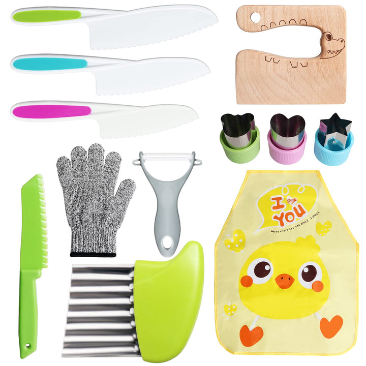 8 Pieces Kids Knife Set,Wooden Kids Kitchen Knives Set include 4 Plastic Toddler Safe Knives/Crinkle Cutter/Kids Cutting Board/Y-Peeler/Resistant Gloves for Cutting Veggies Fruit Cake Salad Bread