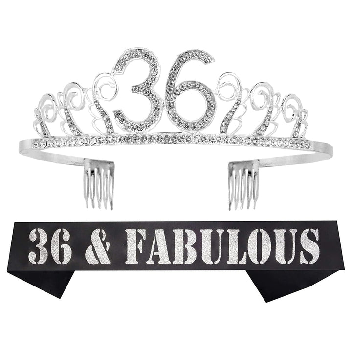 36th Birthday Tiara and Sash silver, 36th Birthday Gifts for woman, HAPPY 36th Birthday Party Supplies, 36 &amp; Fabulous Glitter Satin Sash and Crystal Tiara Birthday Crown for 36th Birthday Party Suppli