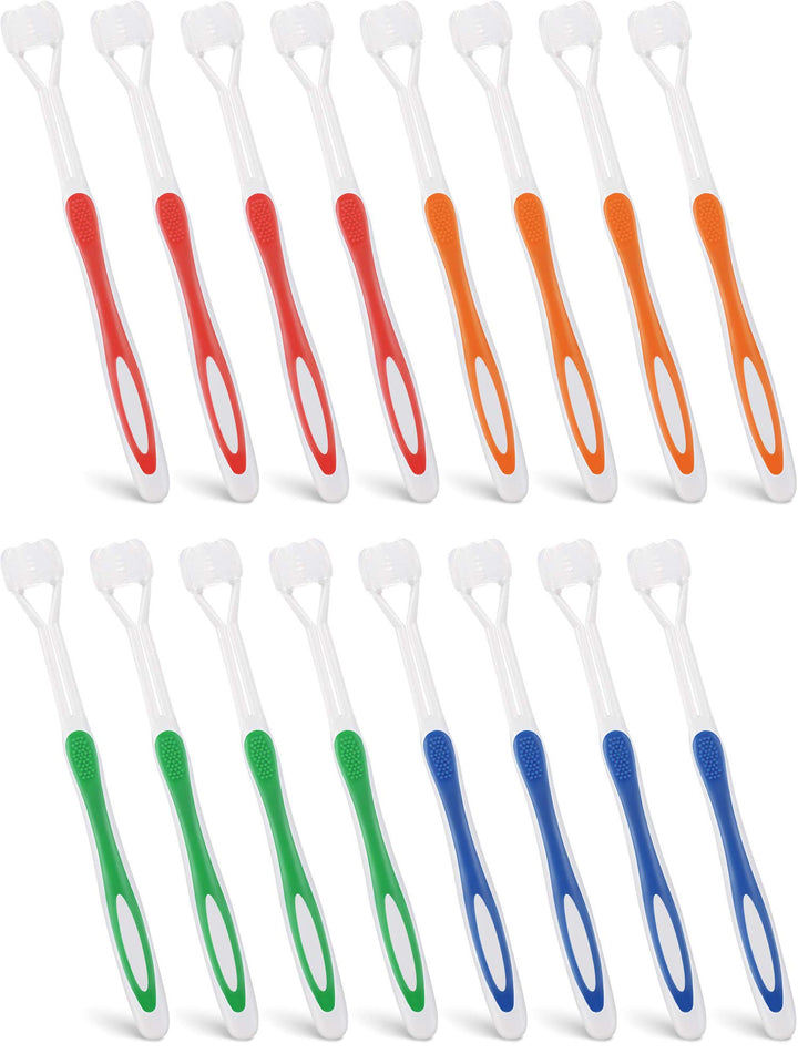 16 Pieces Three Sided Toothbrush Autism Toothbrush Bristle Travel Toothbrush for Kids Complete Teeth Gum Care Great Angle Bristles to Clean Each Tooth, Soft/Gentle (Green, Blue, Yellow, Red)