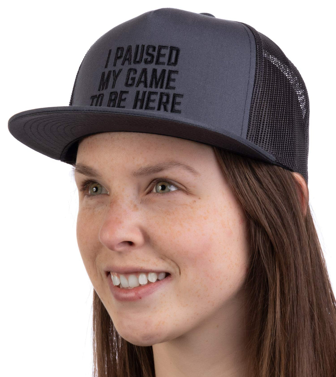 I Paused My Game to Be Here | Funny Video Gamer Humor Joke for Men Women Hat Cap-(Trucker, 2 Tone) Grey/Black