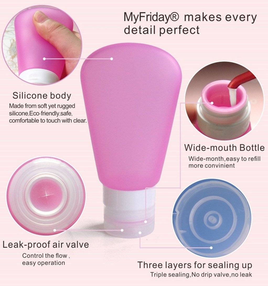 3 Pack- Portable Food Grade Squeeze Silicone Liquid Travel Bottle TSA Approved For Shampoo, Conditioner, Lotion, Toiletries, condiments (1 OZ Pink + White + Blue)