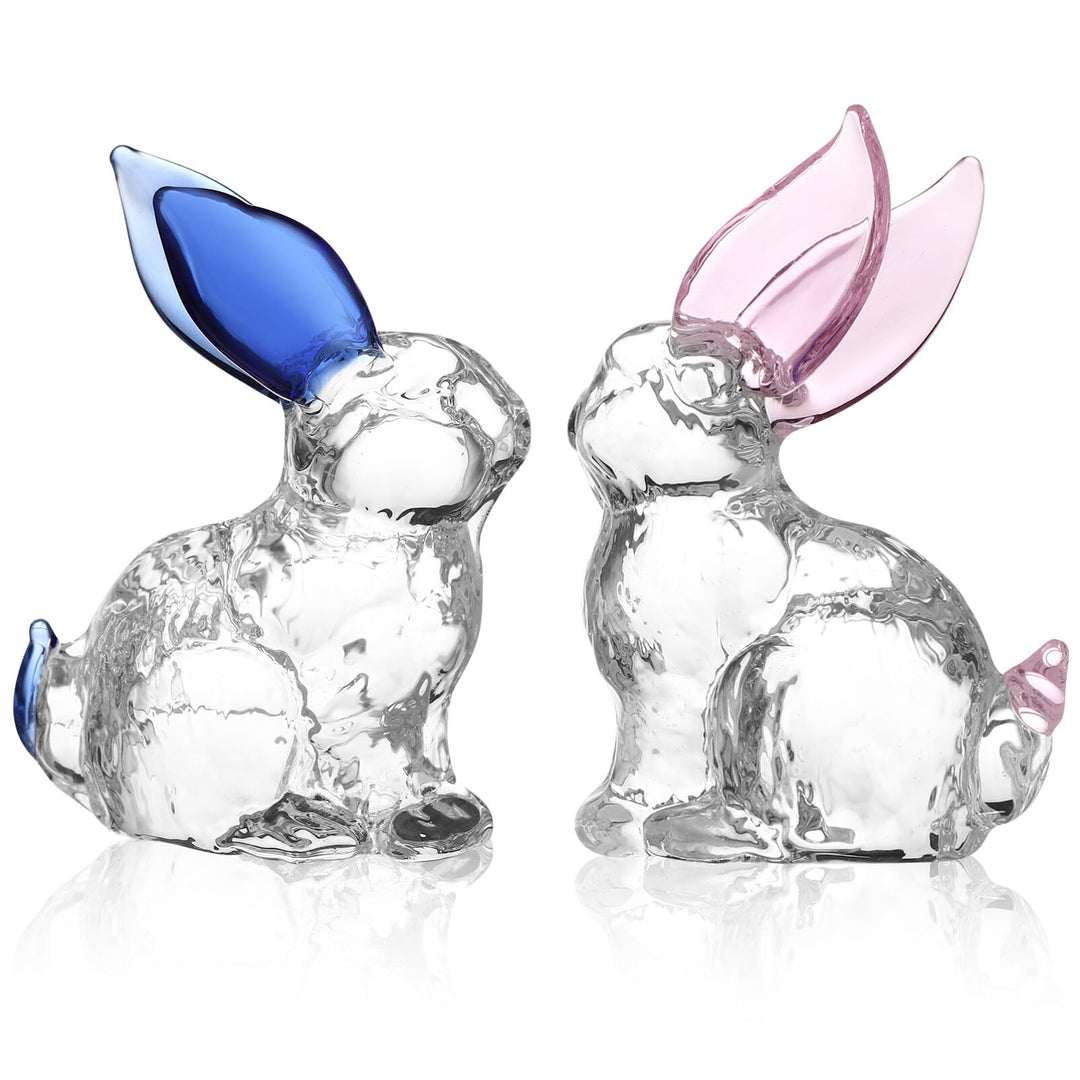 2Pcs Easter Bunny Figurines, Crystal Rabbit Statue Blown Glass Animal Collectibles for Easter Decor, Home Office Desktop Art Ornament