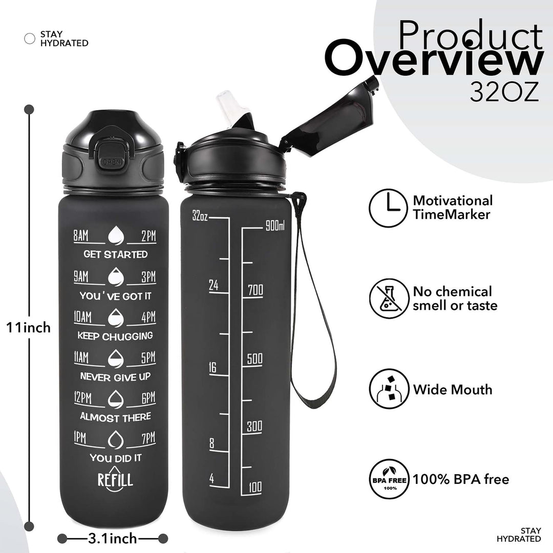 32 oz Water Bottle with Strap Sleeve, Durable Water Bottle with Times to Drink and Straw, Leakproof BPA &amp; Toxic Free, Insulated Water Bottle for Men Women Gym Sports Outdoors