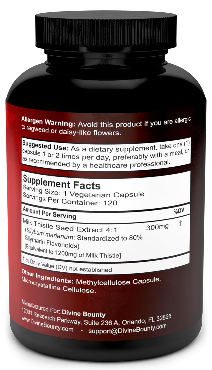 Pure Milk Thistle Capsules Supplement - A Potent 1200mg Milk Thistle Supplement with 4X Concentrated Extract (Standardized) 120 Vegetarian Capsules