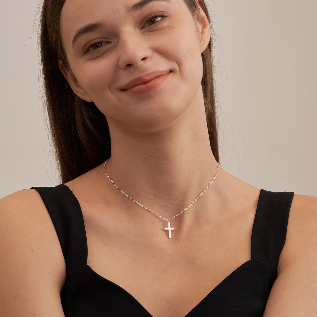 Tewiky Silver Necklace for Women, Simple Silver Cross N