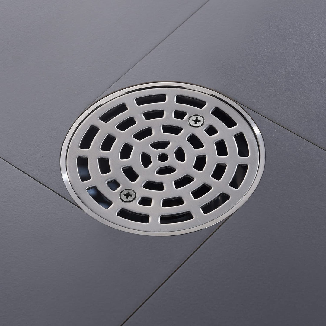 4 1/4 Shower Drain Round Brushed Nickel, Removable Grille Strainer Screws in Drain Cover, Base with Adjustable Drain Flange Kit PVC, SUS304 Stainless Steel