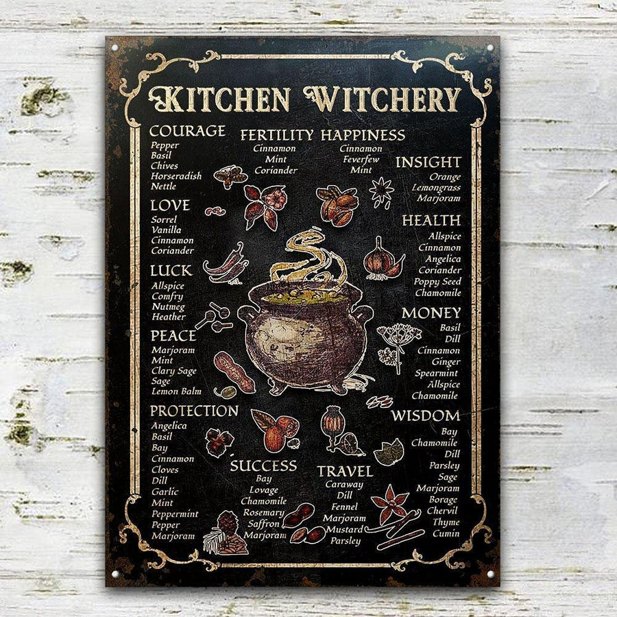 Witch Kitchen Witchery Metal , Vintage Rust Styled House Decor Witches Magic Knowledge Blessing Incense Artwork Tin Signs For Bar, Black, 8 x 12 Inch