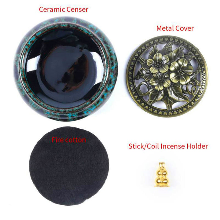 LAMDAWN Ceramic Incense Burner with Incense Stick Holder + Insulation use for Stick or Coil Incense, Sage Cones and Frankincense (Fambe Blue)