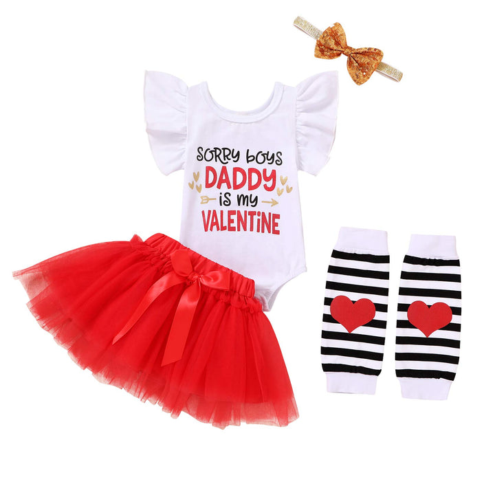 Newborn Baby Girls Skirt Outfits My First Valentine&#39;s Day Print Ruffle Romper+Tutu Dress+Leg Warmers+Headband 4Pcs Clothes Set (White-Daddy is my valentine, 0-3 months)