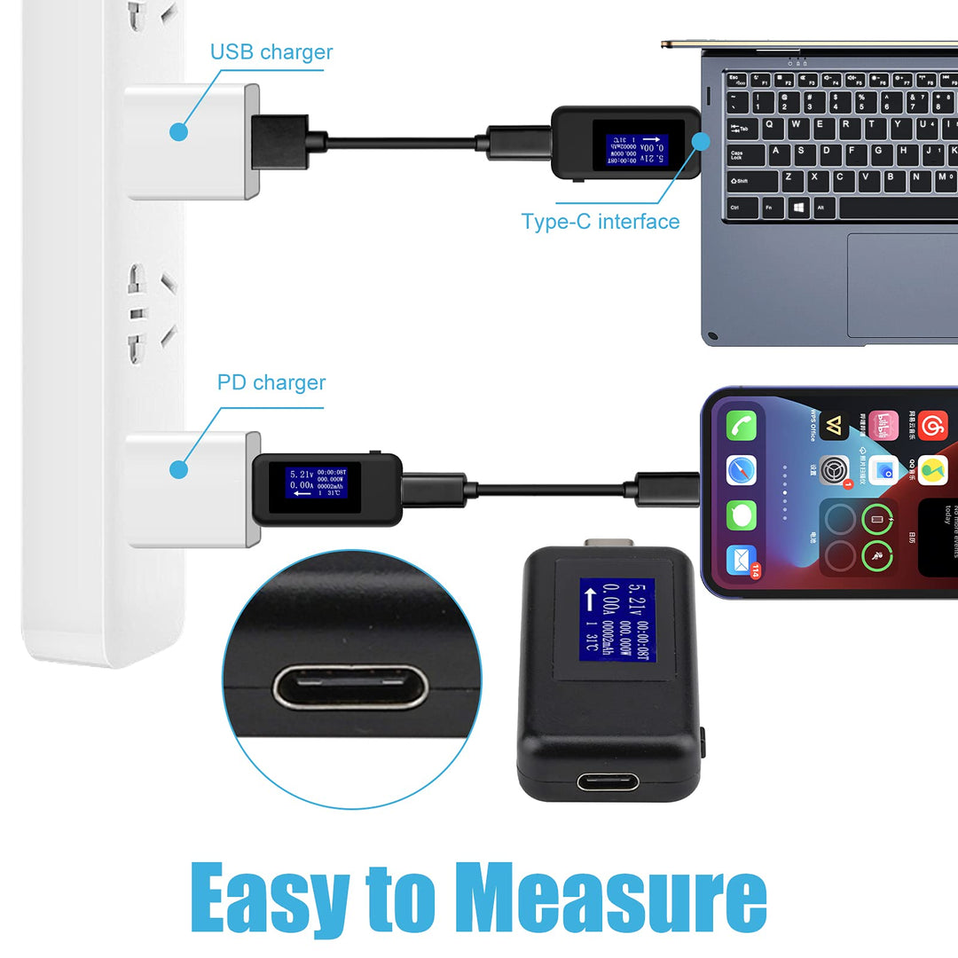 USB C Power Meter Tester Type C USB Tester, USB C Digital Multimeter 0-5.1A 4-30V LCD Display Volt and Amp Meter for USB-C Cables, Laptops, Phones, Chargers - QC 2.0 &amp; QC 3.0