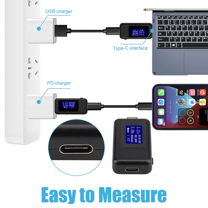USB C Power Meter Tester Type C USB Tester, USB C Digital Multimeter 0-5.1A 4-30V LCD Display Volt and Amp Meter for USB-C Cables, Laptops, Phones, Chargers - QC 2.0 &amp; QC 3.0