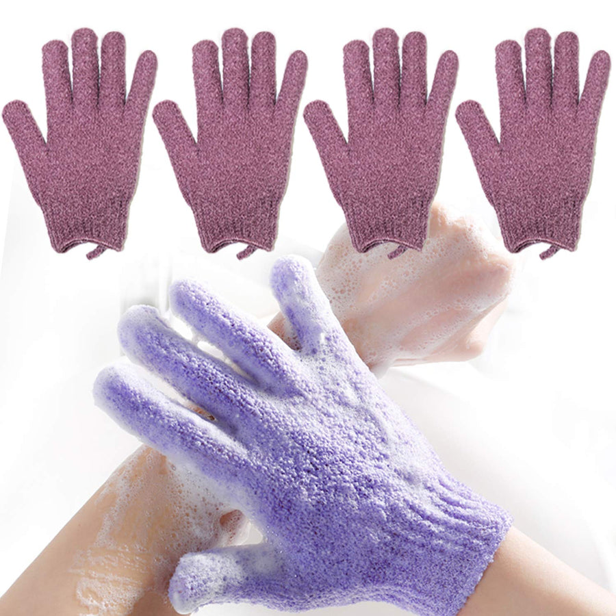 Exfoliating Bath Loofah Gloves Body Scrub Wash Mitts Skin Massage Sponge Towel Deep Cleansing Dead Skin Brush Scrub Luxury Spa Heavy with Lanyard Scrubber 2 Pair (deep Purple)