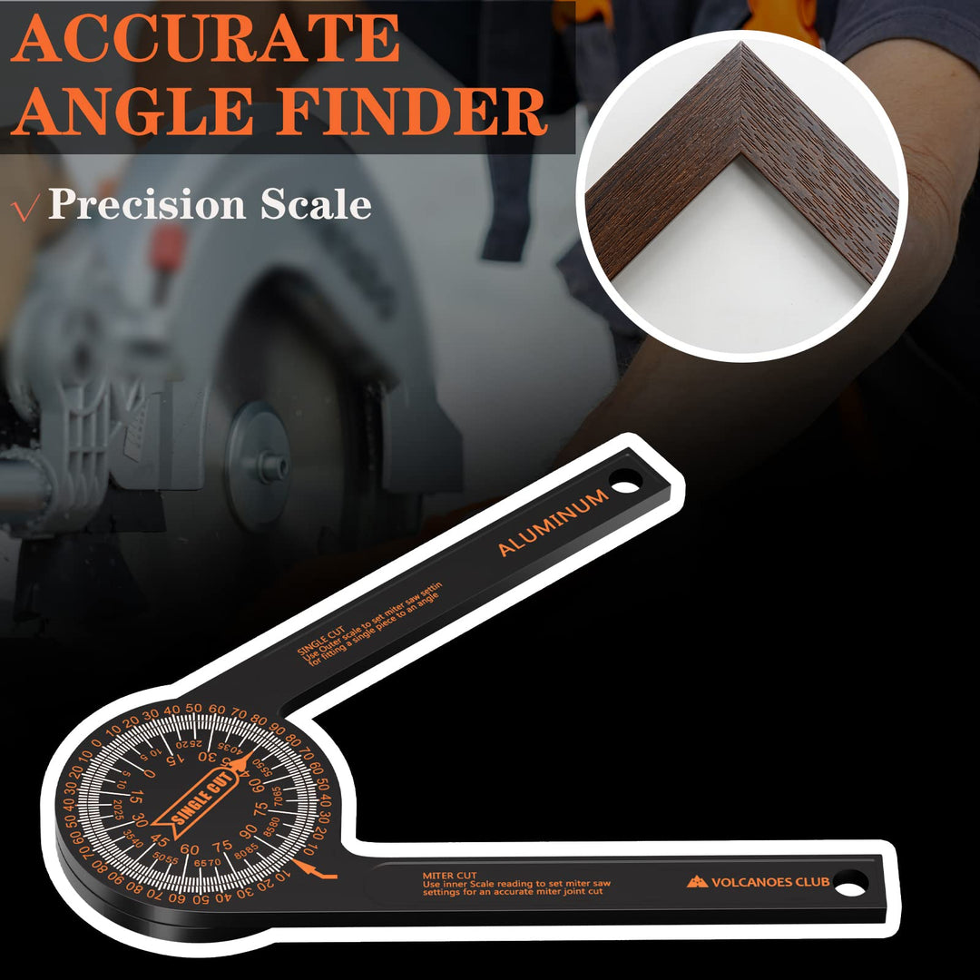 VOLCANOES CLUB Aluminum Angle Finder Gauge- 7’’ Miter Saw Protractor with Precision Laser Scales for Crown Molding - Rust Proof Woodworking Cutting Guide Tool for Carpenters, Plumbers, Building Trades