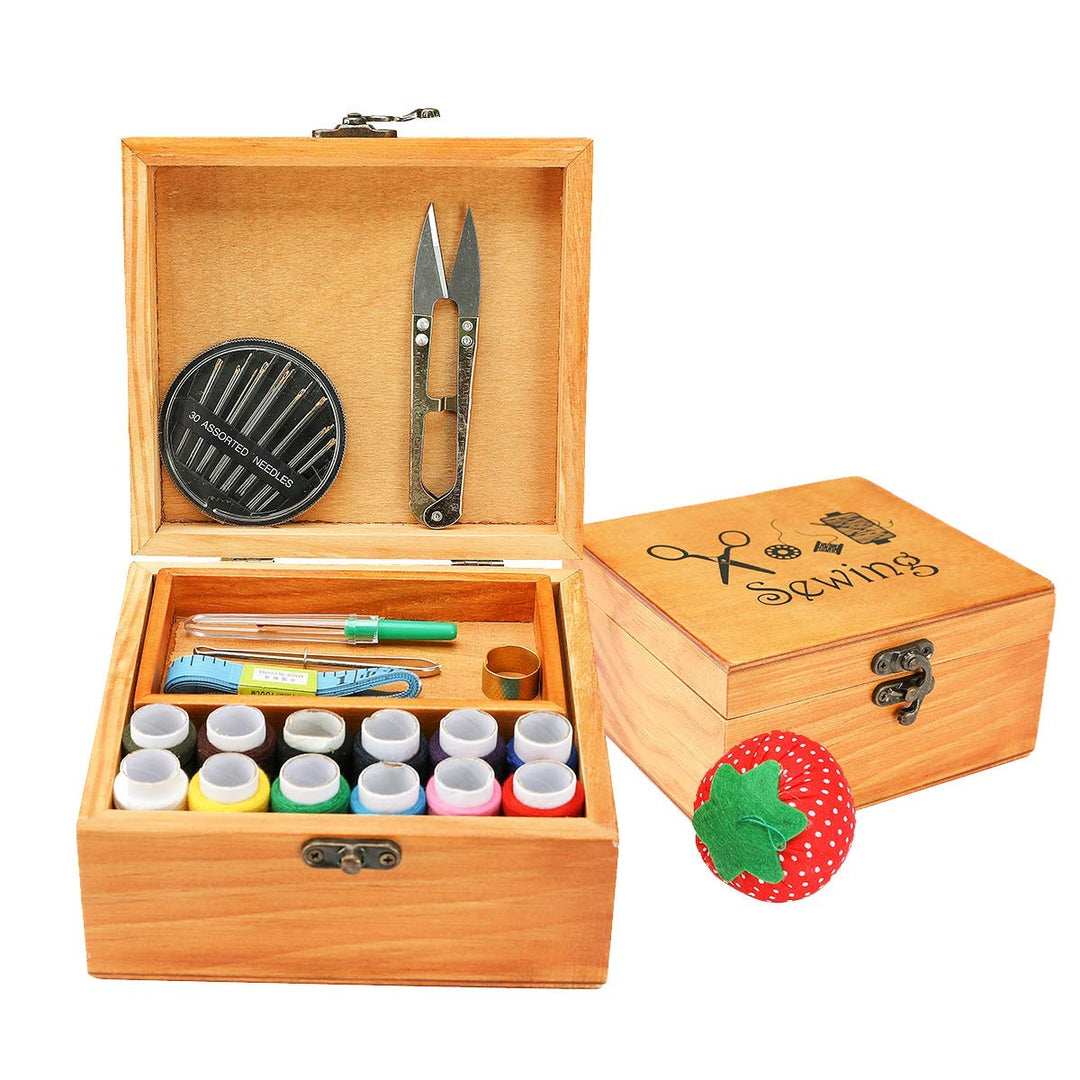Sewing Kit, Wooden Sewing Kit Box for Adults, Wooden Sewing Basket with Accessories, Home Sewing Basket Stitching Repair Kit for Beginner, Women, Men (Brown)