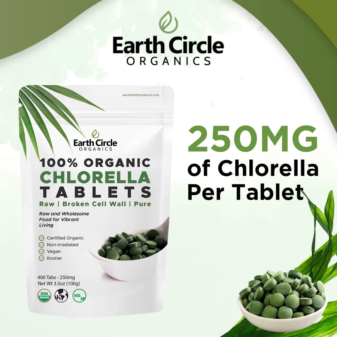 Organic Chlorella Tablets | Kosher | Potent Supplement, All-Natural Chlorophyll, Green Algae superfood, Broken Cell Wall | High in Protein &amp; Iron, no additives, Vegan - 400 Tablets