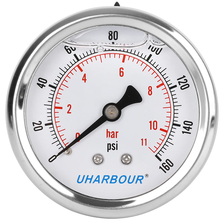 UHARBOUR Glycerin Filled Pressure Gauge 160psi/11bar, Stainless Steel case, Brass Inside Construction, 2-1/2 dial, 1/4NPT Back Connection.…