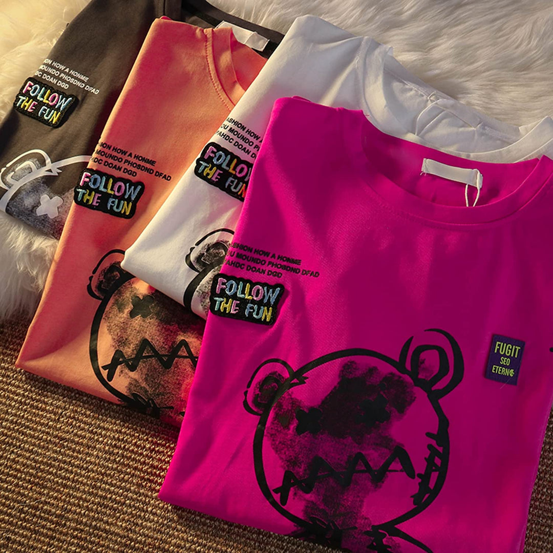 Women Goth T shirt Y2K Harajuku Graphic Tops Cotton Anime Clothes (Grey, L)