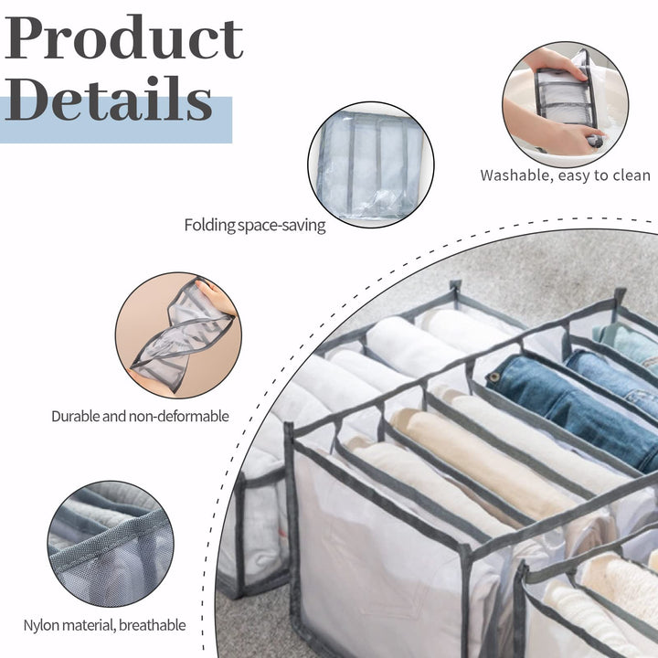 2PCS Clothes Organizer For Folded Clothes, 7 Grids Wardrobe Clothes Organizer Portable Closet Organizers Clothes Drawer Mesh Separation Box for Jeans, Leggings, Underwear, Socks, Skirts, T-Shirt