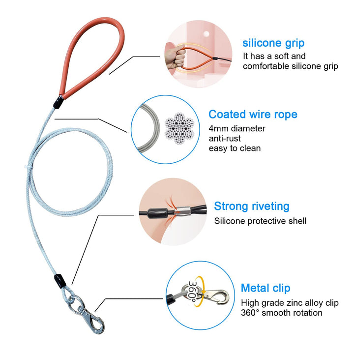 Dog Leash for Dogs Up to 250 Pound,Heavy Duty Leash Made of Coated Wire Rope for Large and Medium Dogs,Dog Tie Out Cable with Soft Silicone Grip.Dog Chains