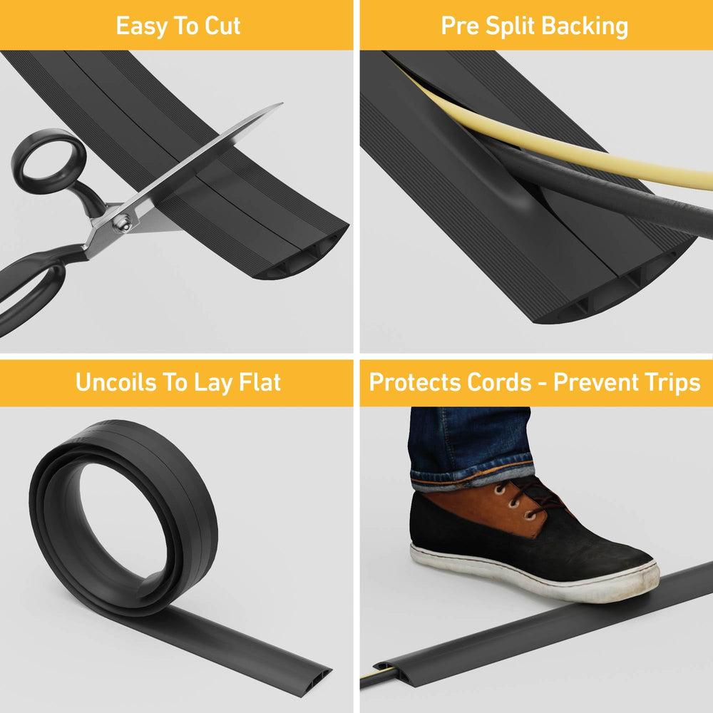 6ft Floor Cord Cover, Cable Protector, Hide Extension Cords, Protect Cords, Prevent Cable Trips, Heavy Duty Cord Hider - Cable Cavity = 0.63 (W) x 0.31 (H) - Black
