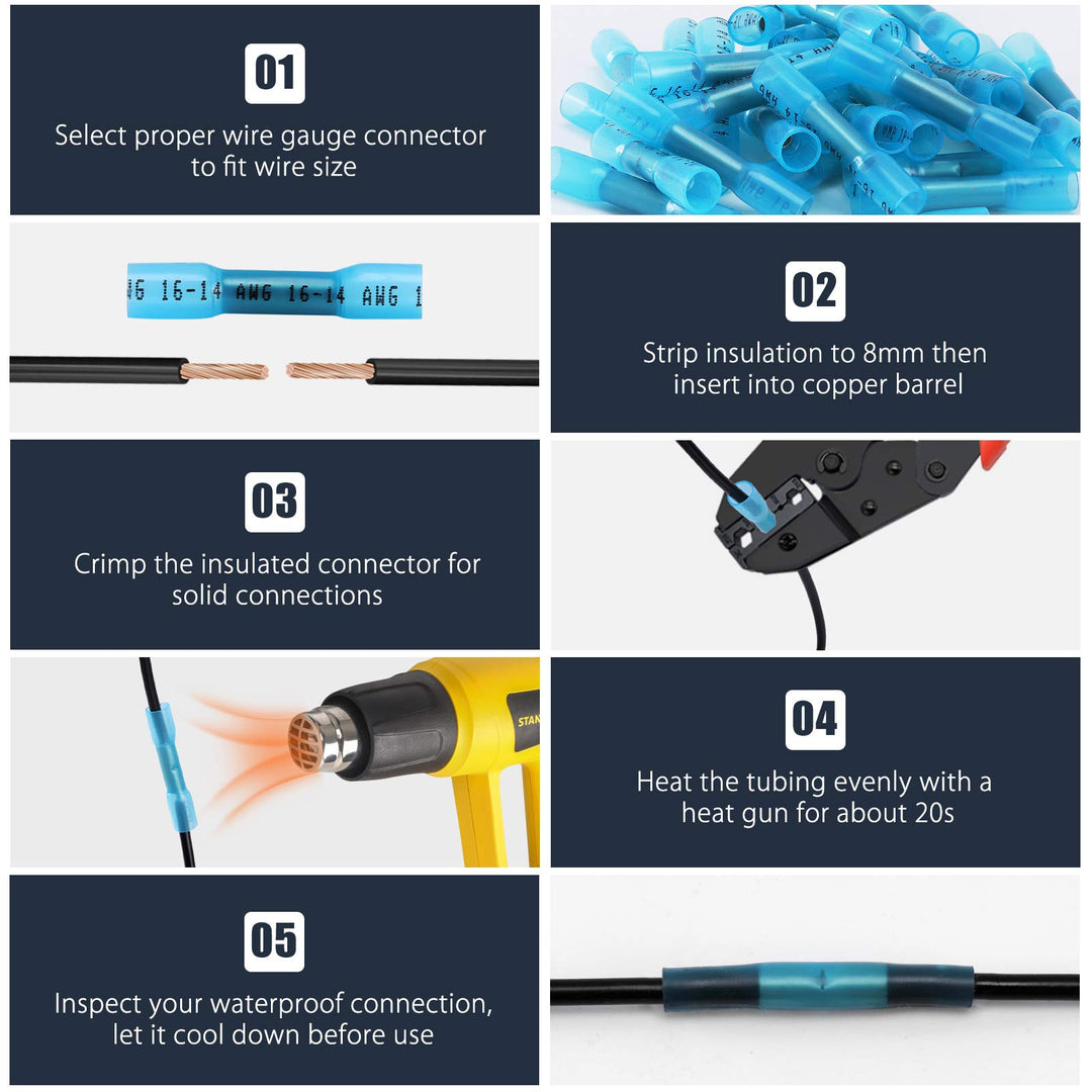 Heat Shrink Butt Wire Connectors, 100Pcs 22-14 AWG Blue Insulated Waterproof Electrical Wire Connectors Automotive Marine Grade Wire Crimp Terminals Butt Splices, Ideal for Boat, Truck, Stereo Blue