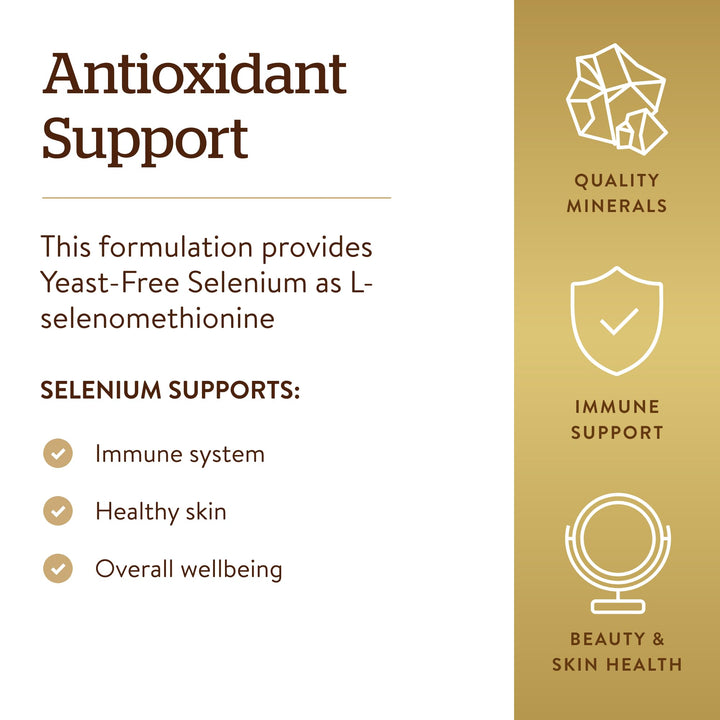 Solgar Yeast-Free Selenium 200 mcg, 250 Tablets - Supports Antioxidant &amp; Immune System Health - Non-GMO, Vegan, Gluten Free, Dairy Free, Kosher - 250 Servings