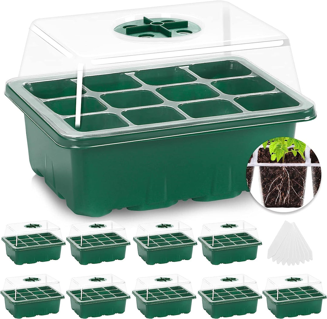 10-Pack Seed Trays Seedling Starter Tray, MIXC Humidity Adjustable Plant Starter Kit with Dome and Base Greenhouse Grow Trays Mini Propagator for Seeds Growing Starting (12 Cells per Tray), 10 Pieces