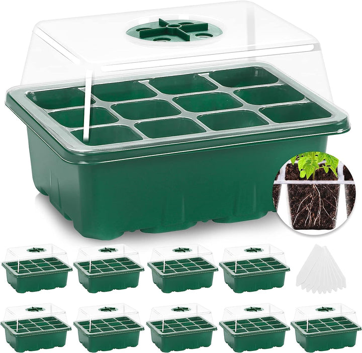 10-Pack Seed Trays Seedling Starter Tray, MIXC Humidity Adjustable Plant Starter Kit with Dome and Base Greenhouse Grow Trays Mini Propagator for Seeds Growing Starting (12 Cells per Tray), 10 Pieces