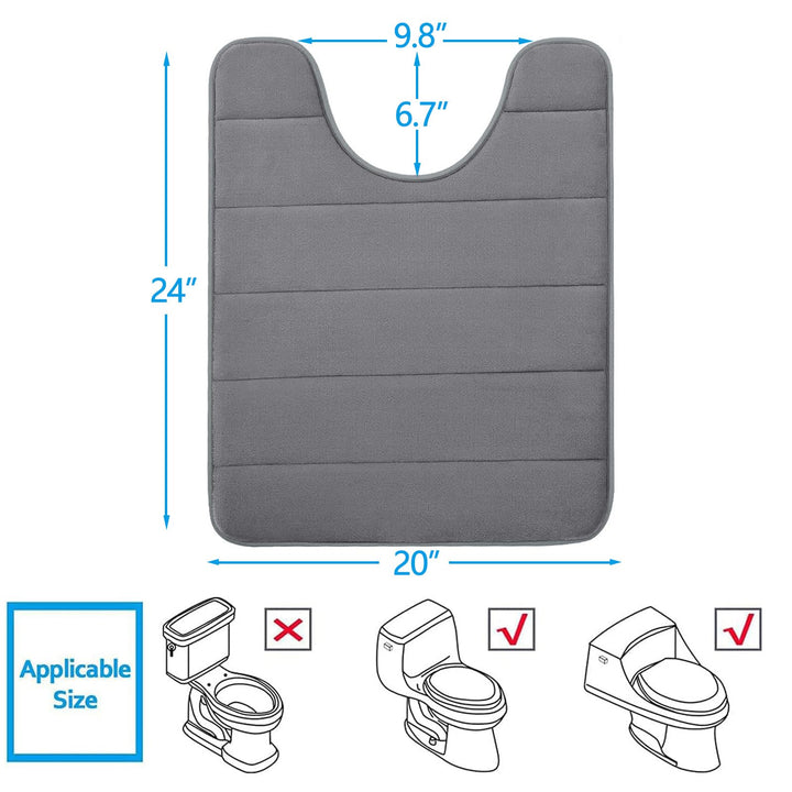 Memory Foam U-Shaped Contour Toilet Rugs, Non Slip Absorbent, Thick Soft Washable Bathroom Mat, Floor Carpet Bath Rugs Mat for Toilet Base (24 x 20, Grey)