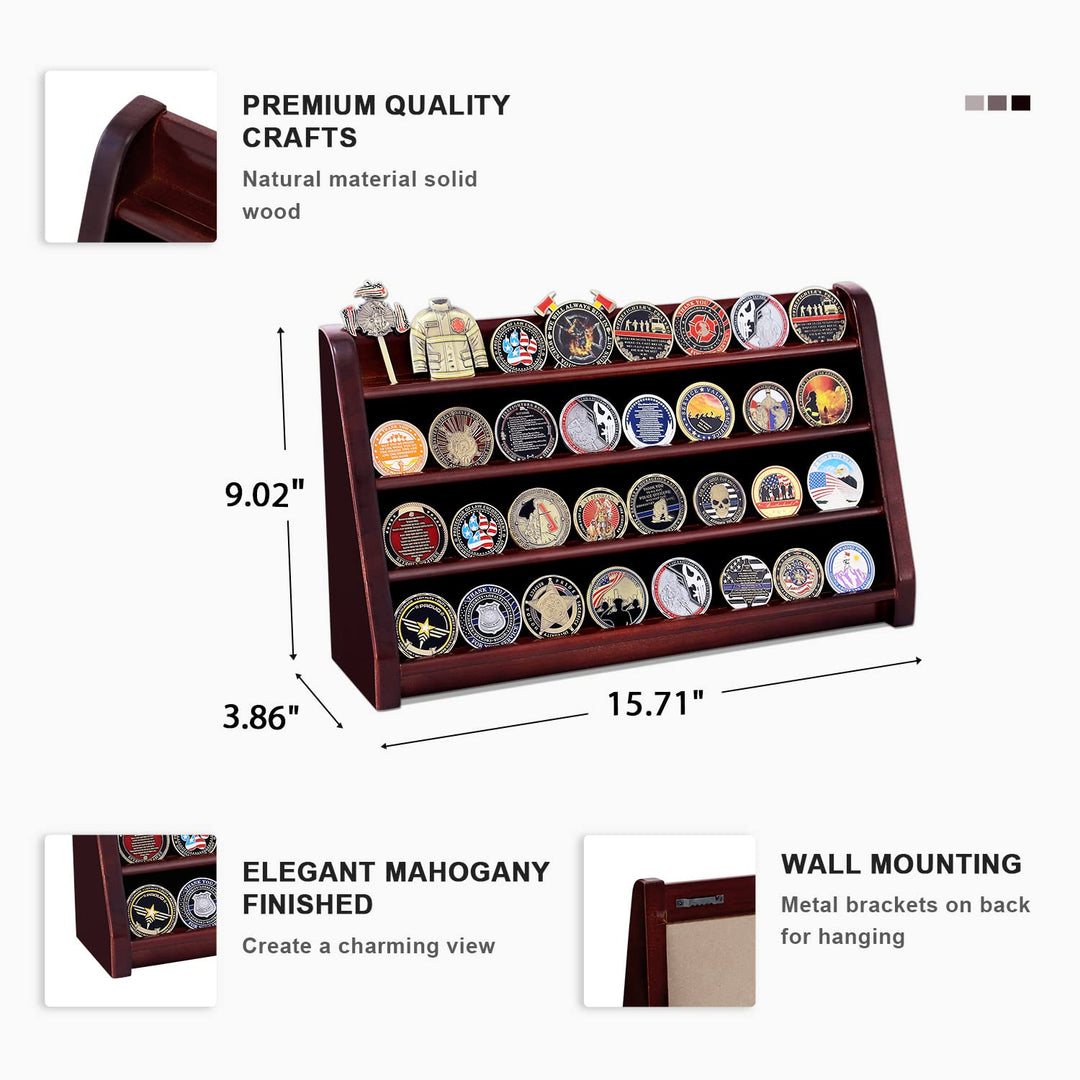 4 Rows Military Wooden Challenge Coin Display Case Wall Mountable Army Coin Holder Stand Rack, Holds 32 Coins, Mahogany