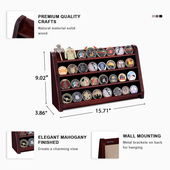 4 Rows Military Wooden Challenge Coin Display Case Wall Mountable Army Coin Holder Stand Rack, Holds 32 Coins, Mahogany