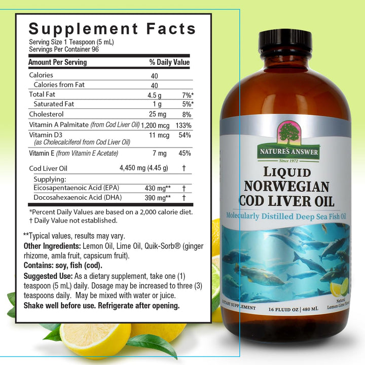 Nature&#39;s Answer Cod Liver Oil Liquid Supplement, 16-Fluid Ounces | Promotes a Healthy Heart &amp; Brain | Cognitive and Cardiovascular Support | Great Tasting (Pack of 1)