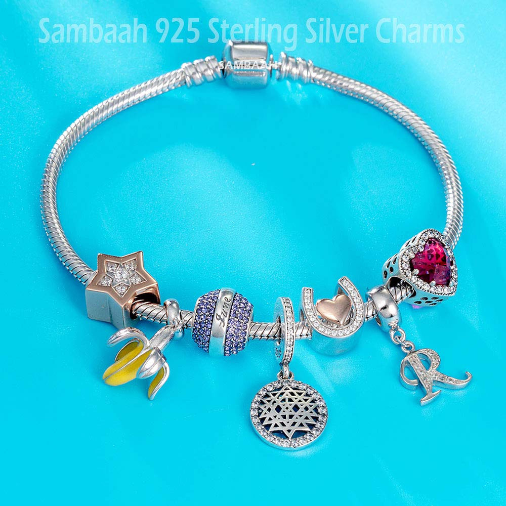 Alphabet Charm Letter Beads Solid 925 Sterling Silver with Cubic Stones, Complete A~Z Gift Options fit Pandora European Bracelets(R)