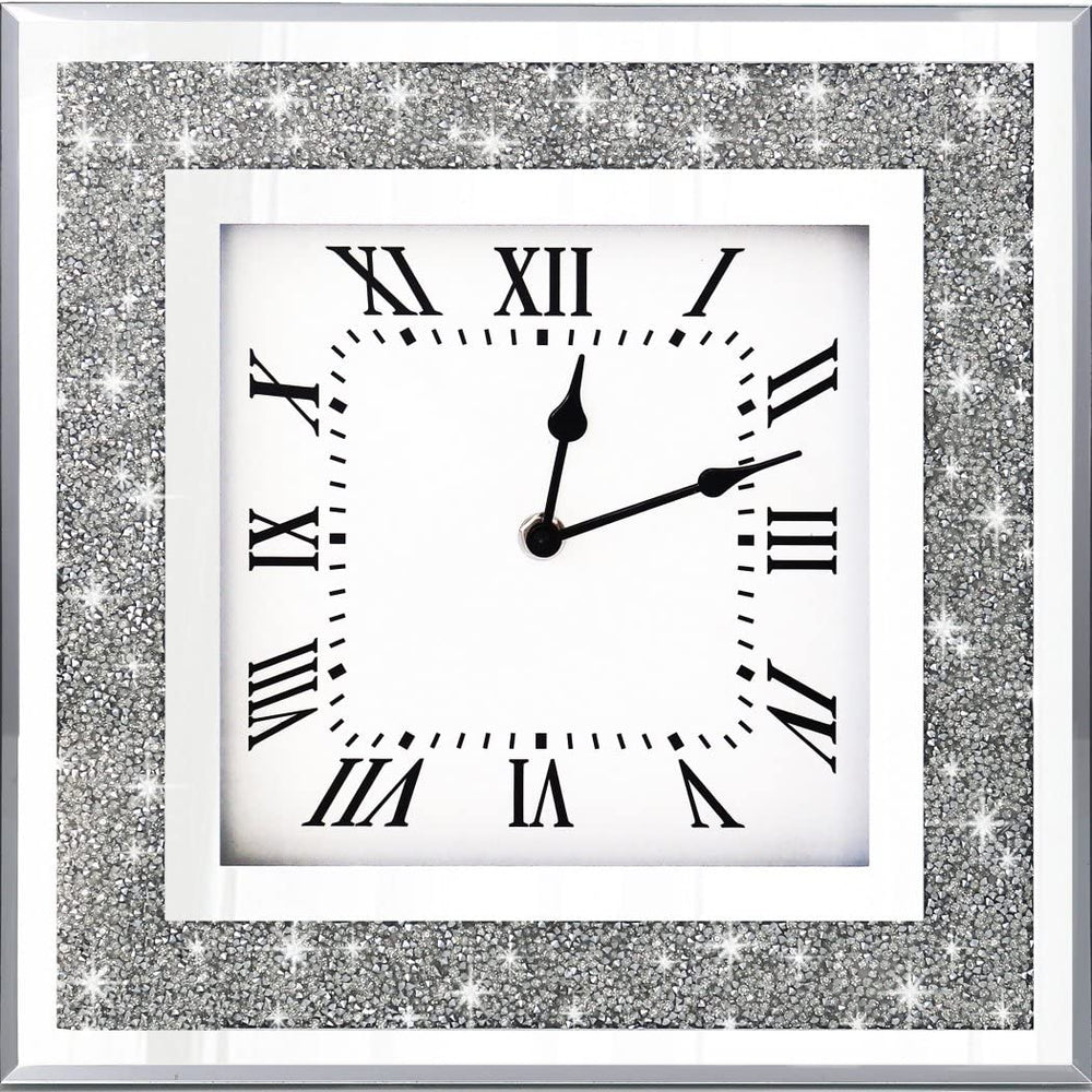 Crystal Crush Diamond Mirrored Square Wall Clock with Sparkle Twinkle Bling Diamond Decor for Wall Decoration, 12x12inch Decorative Silver Mirror Quartz Clock for Home Decor. AA Battery not included