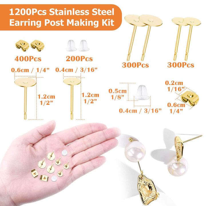 Earring Posts Stainless Steel, 1200Pcs Hypoallergenic Earring Posts and Backs, Gold Flat Pad Earring Studs with Clutch for Earring Making and DIY Stud Earring Supplies
