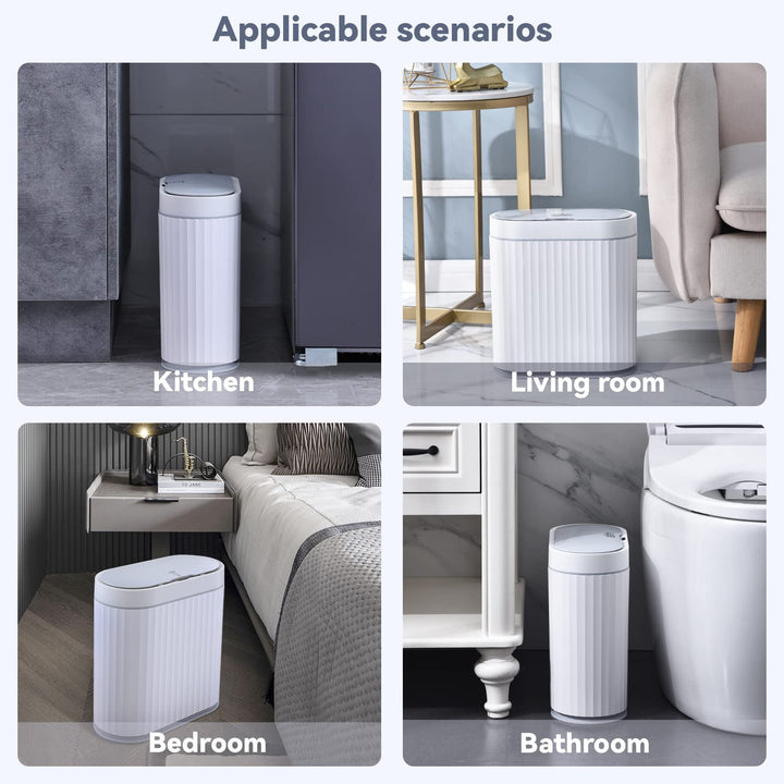 Bathroom Trash Can - 9.5 litres Waterproof Sensor Trash Can, 2.5 Gallon Motion Sensor Trash Can, Slim Garbage Bin for Narrow Kitchen and Office Use, White with Grey Trim