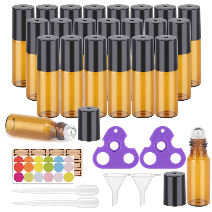 Essential Oil Roller Bottles, 24 Pack Amber Glass Roller Bottles 5ml, Roller Balls for Essential Oils, Roll on Bottles (96 Pieces Labels, 4 Funnels, 4 Dropper, 2 Opener)