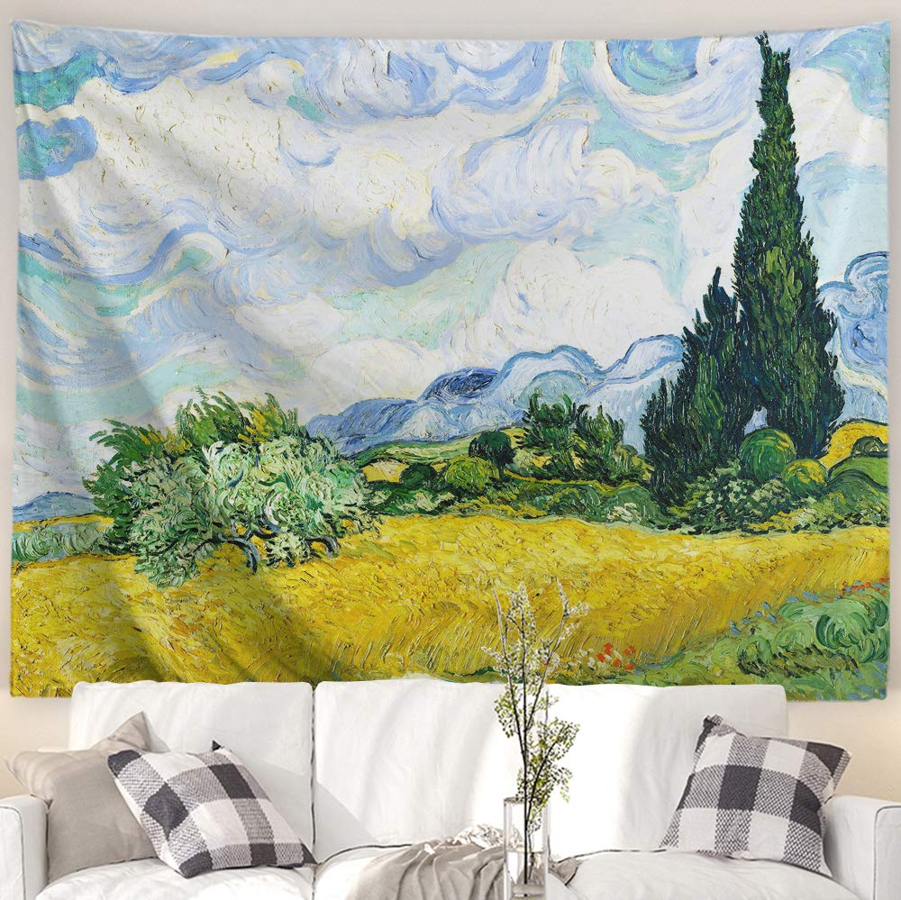 Vincent Van Gogh Wall Tapestry Green Wheat Fields Oil Painting Wall Hanging Art Home Decor for Living Room Bedroom Bathroom Dorm, 60 W x 40 L (150cmx100cm) - Wheat Field with Cypresses