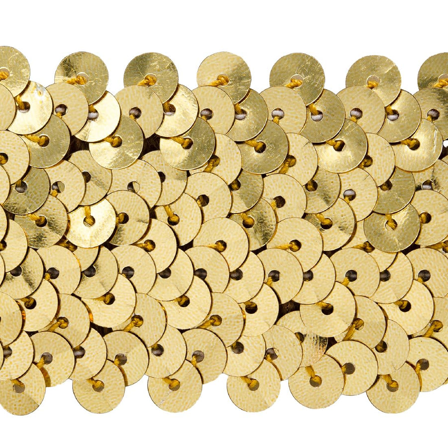 Trims By The Yard 4-Row Metallic Stretch Sequin Trim, 1 1/2-Inch Versatile Sequins for Crafts, Durable Sequin Trim for Costumes, Fashion, and Home Decor, 10 Yards Cut, Gold